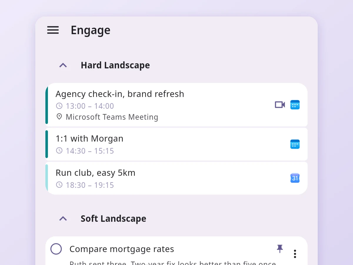 Relay's Engage view on Android: today's meetings and events above the actions waiting to be done.
