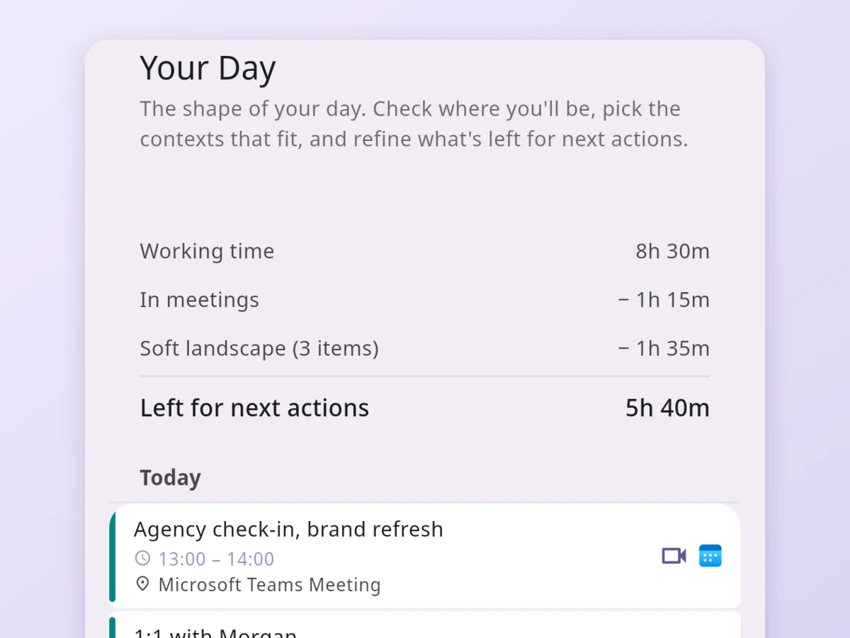 Relay's daily review on Android: the hours left for next actions once meetings are counted, then today's events.