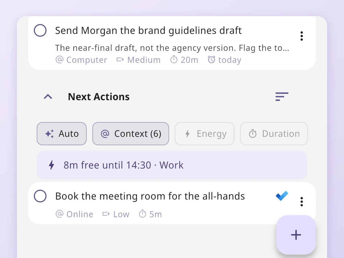 Relay's Next Actions with the context filter on: the time free before the next meeting, and the context, energy and time on every action.