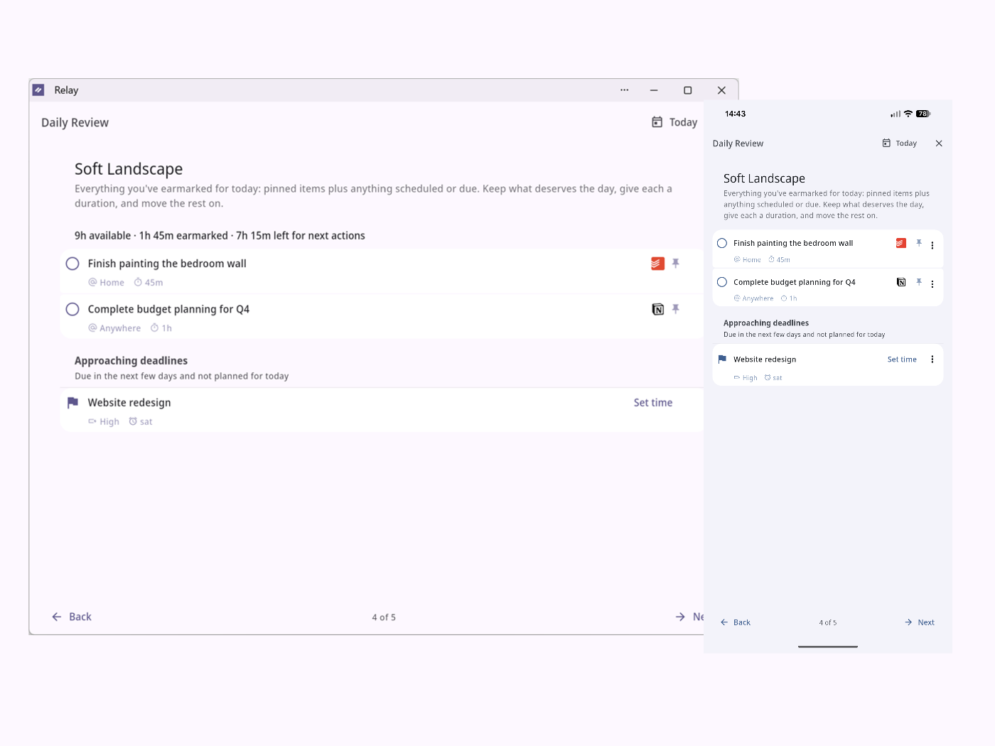 The same daily review, at the same step, on the desktop app and on a phone.