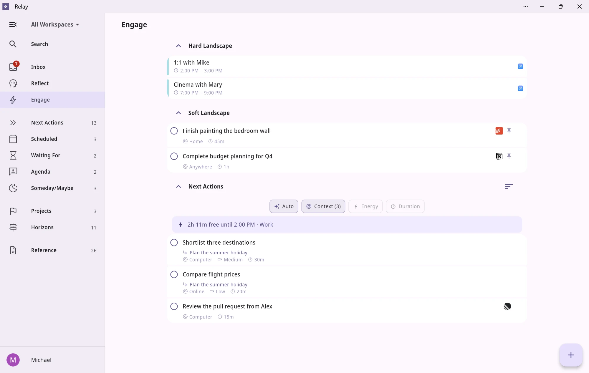 Relay's Engage view: today's calendar events, pinned items, and next actions filtered to what fits the time available.
