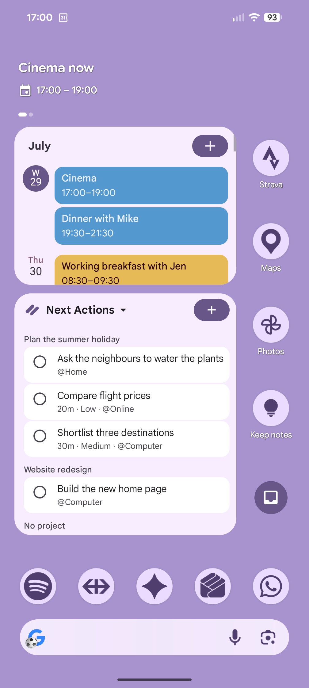 An Android home screen: Relay's Next Actions widget grouped by project, sitting directly below the Google Calendar widget, both in the same system palette, with Relay's one-tap process-inbox button alongside.